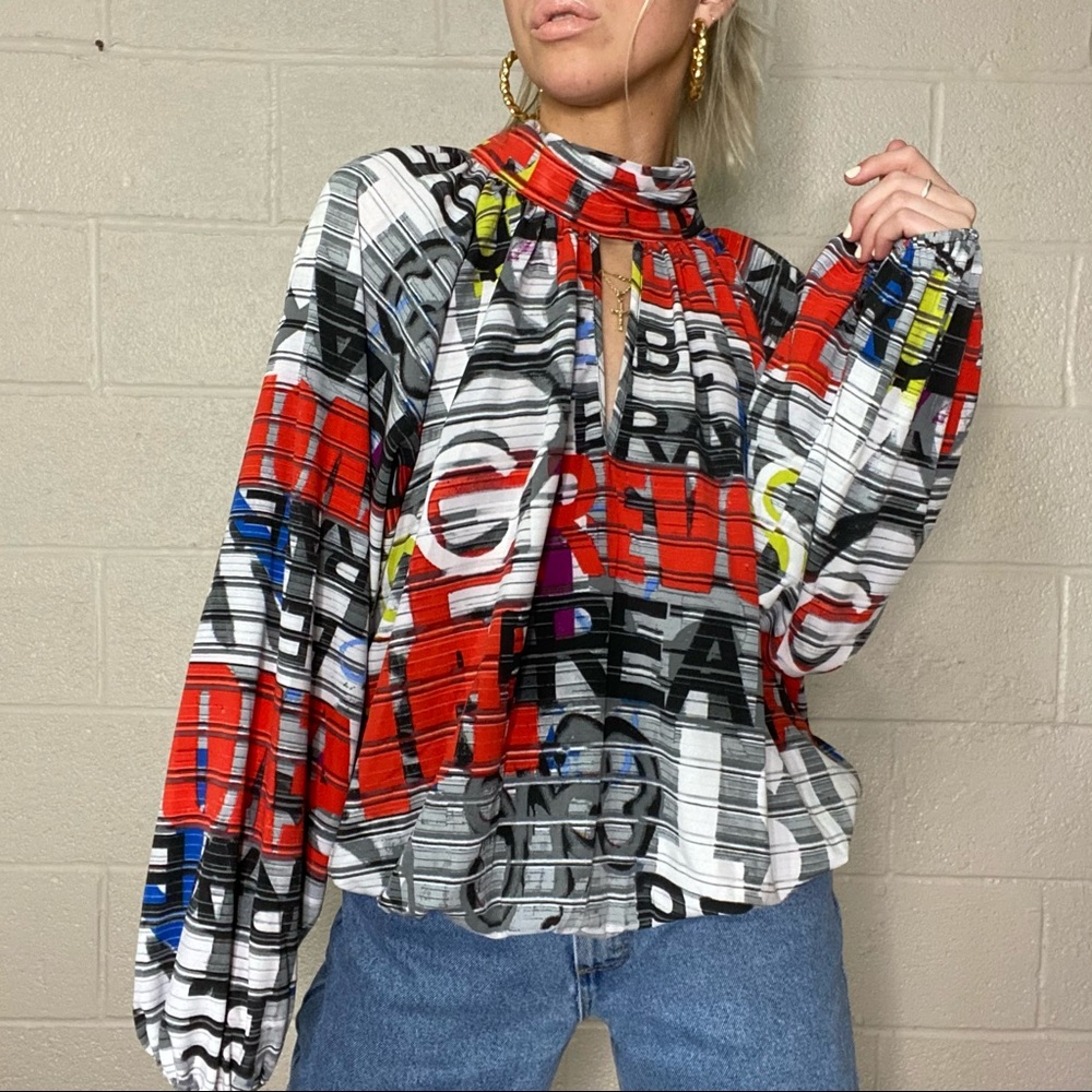 Abstract Graphic Print High-Neck Blouse in Multi-Color